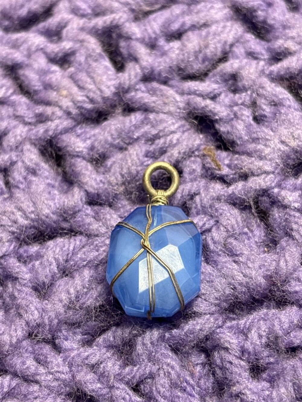 Silvertone Wire Wrapped Blue Plastic Bead Pendant 0.75 inches